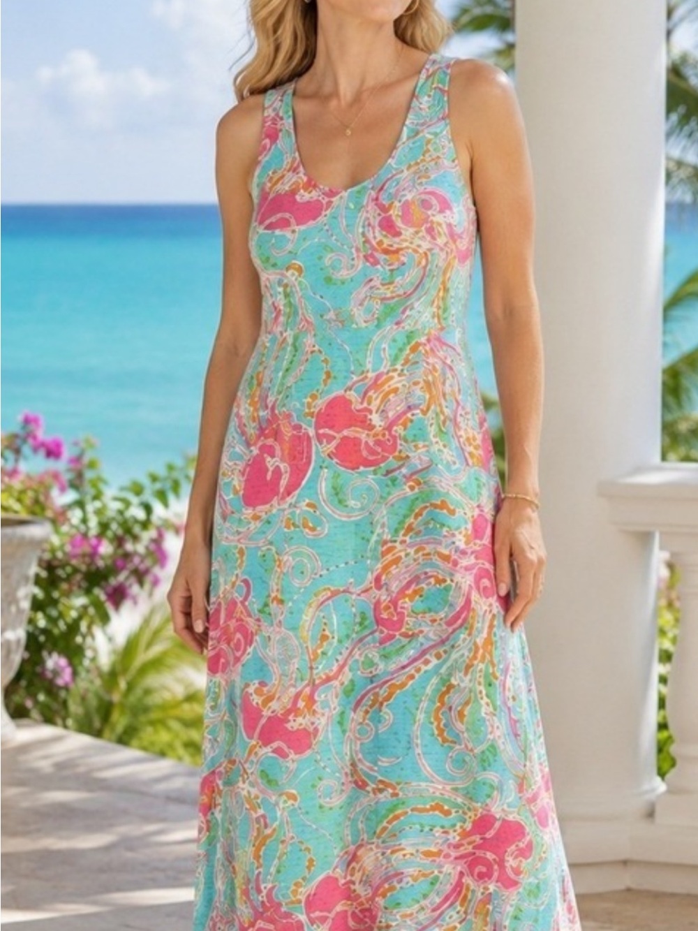 Lilly Pulitzer Jellyfish Aqua & Pink Printed Racerback Maxi Dress